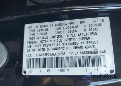 2010 Honda Accord 2.4 Lx-P из США, поврежденный, VIN 1HGCP2F47AA189239